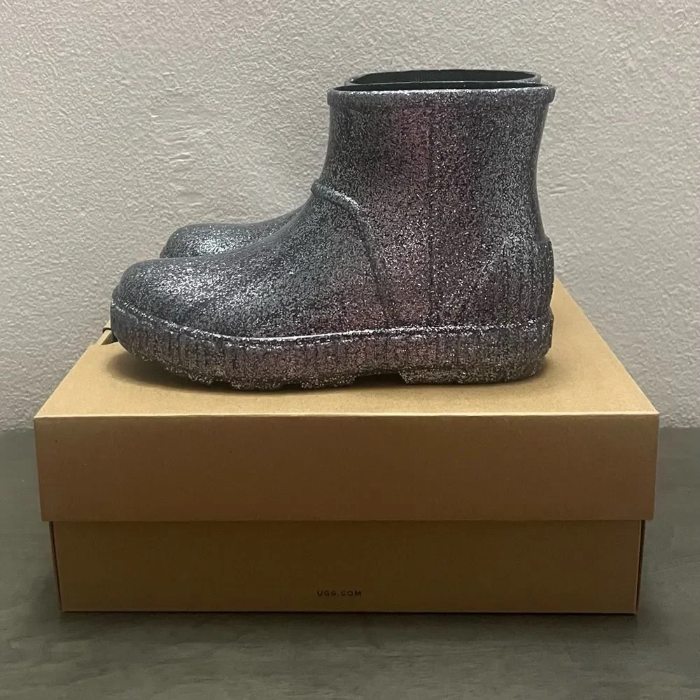 UGG Drizlita Glitter Ankle Rainboots Kids Sz 3 Gray PVC Upcycled Wool Waterproof
